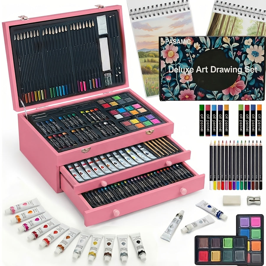 175pcs Deluxe Art Set in Wooden Case with 2 Drawing Pads, Crayons & Colored Pencils - Professional Art Kit for Kids, Teens, Adults & Artists, Girls Ages 8-12 Gift
