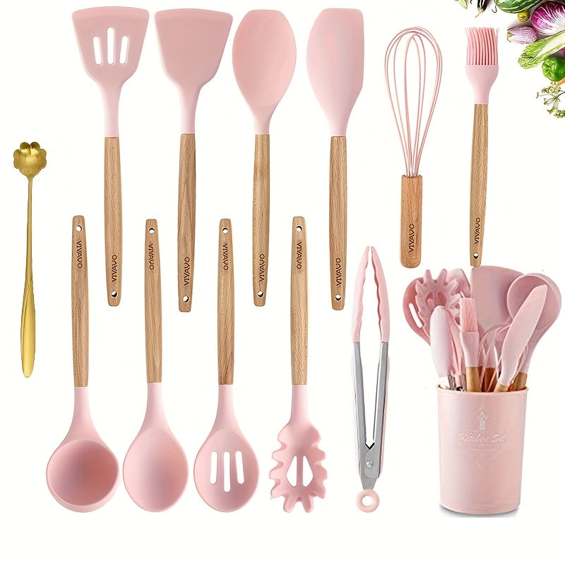 Kitchen Silicone Cooking Utensil Set 13/20pcs – Non-Stick Safe Spatula Spoon Tongs with Storage Rack, Heat Resistant Kitchen Tools for Daily Cooking & Baking, Green Pink Khaki