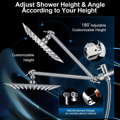 Rainfall Shower Head & Handheld Combo with Extension Arm – High Pressure 5-Setting Anti-Leak Shower System, Height & Angle Adjustable, Chrome 10-Inch & Matte Black 12-Inch Options