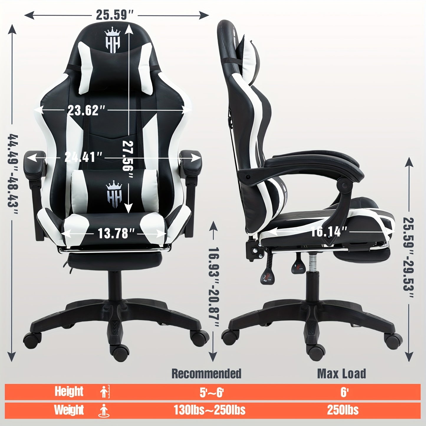 Gaming Chair with Footrest, Headrest & Lumbar Support – Ergonomic Computer Chair Height Adjustable 360° Swivel, High-Back Video Game Seat for Home Office & Gaming Setup, Black White Red Blue Purple