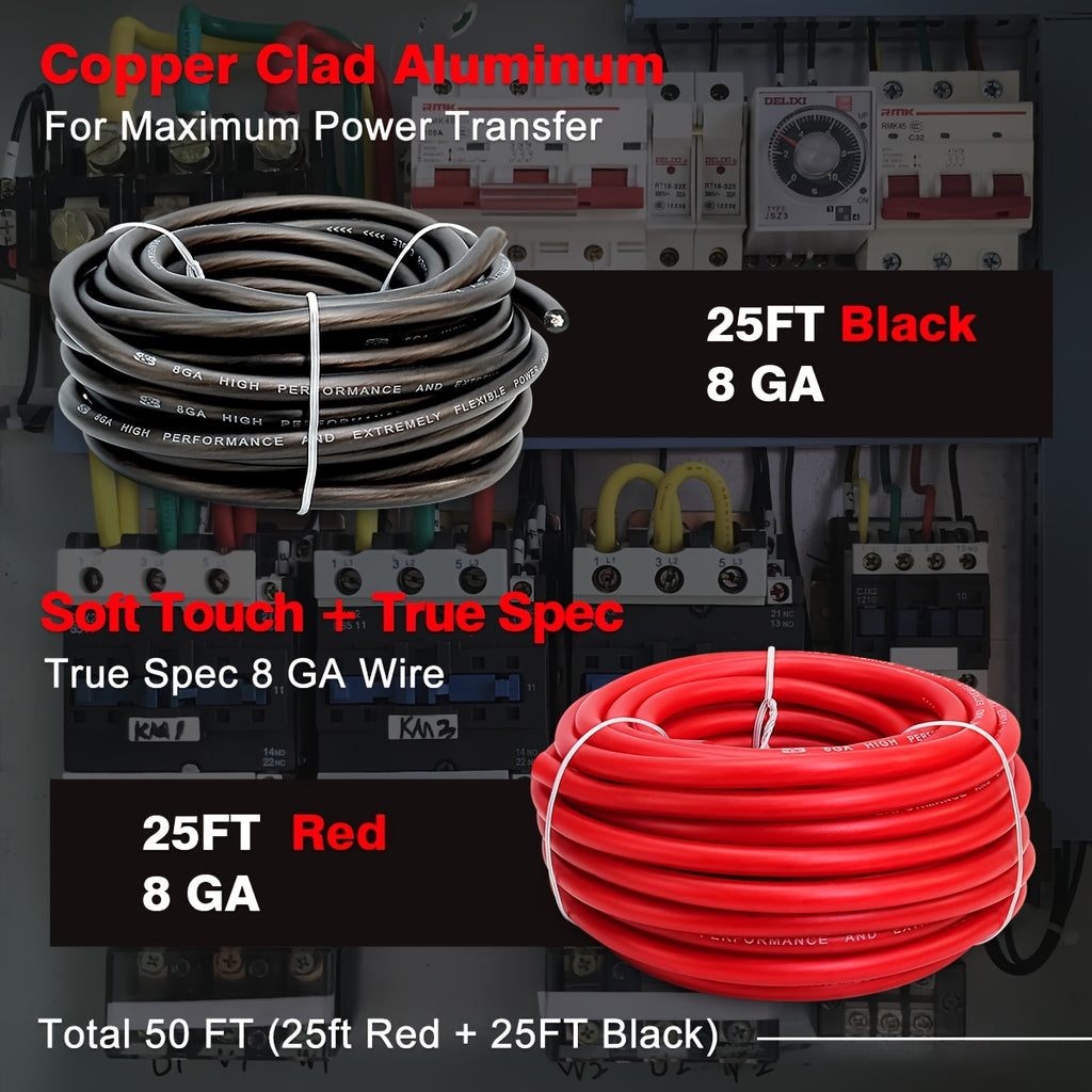 25 Feet of Black And 25 Feet of Red 8 Gauge CCA Wire, Suitable for Automotive Applications, Car Audio Battery Connections, Power And Ground Wiring, Marine Use, Welding, And Electrical Audio Setups for Amplifiers, Without Battery