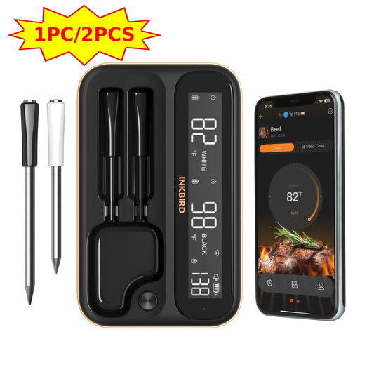 1pc/2pcs 328Ft/100M Wifi Wireless Meat Thermometer, BBQ Thermometer with 2 Sizes Food Grade Stainless Steel Probes, 28 Meat Menus, WIFI Unlimited Range, Temperature Alarms, Timer, Readable HD LCD Display, for BBQ Cooking, Christmas Gifts