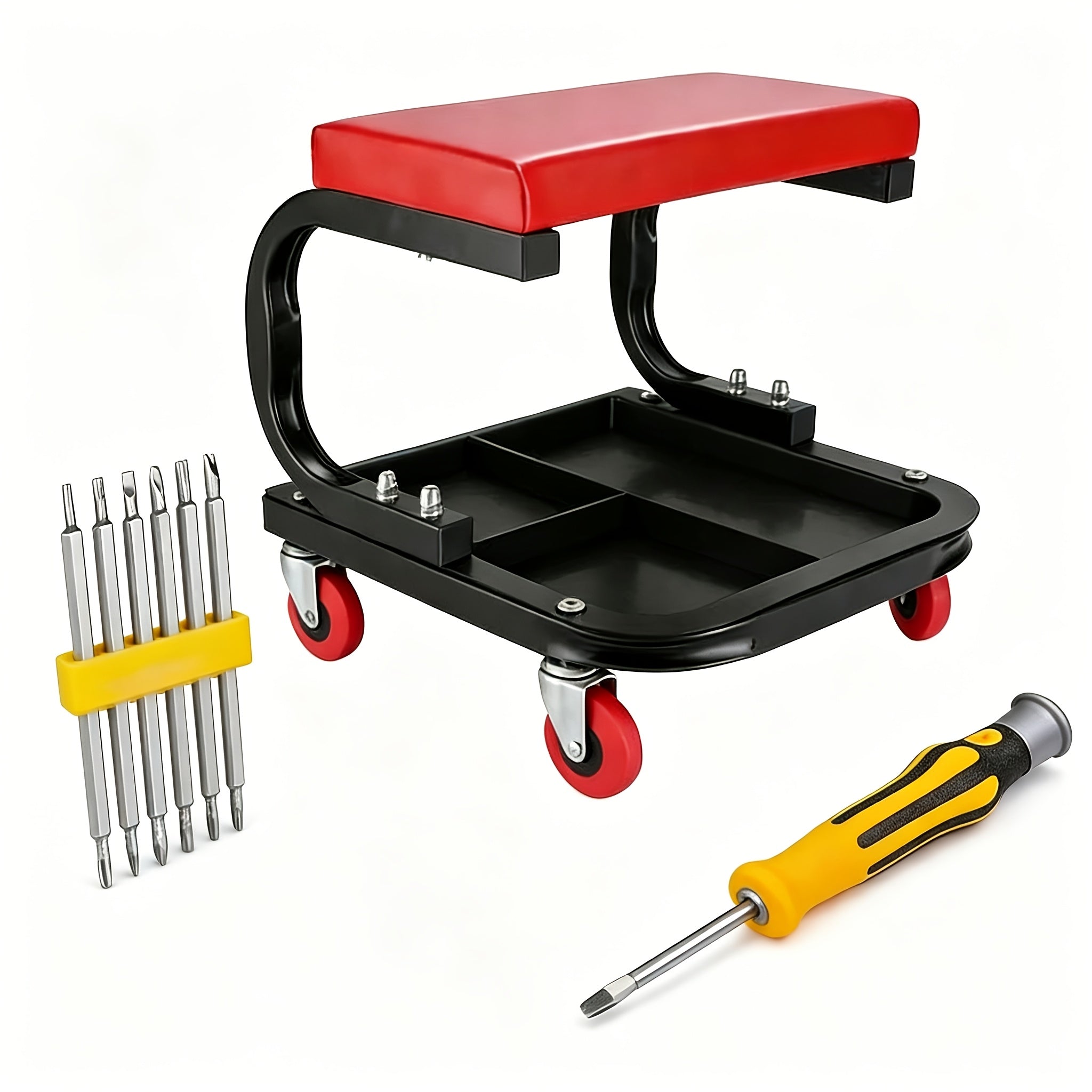 Heavy Duty Rolling Mechanic Stool – Padded Seat, Tool Tray, Adjustable Height, 4 Wheels