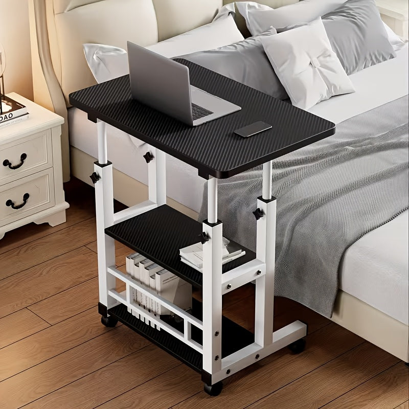 Three-Tier Mobile Lifting Desk with Wheels, Portable Side Table with Three-Layer Storage, Space-Saving Laptop Desk Suitable for Small Spaces Beside Sofas