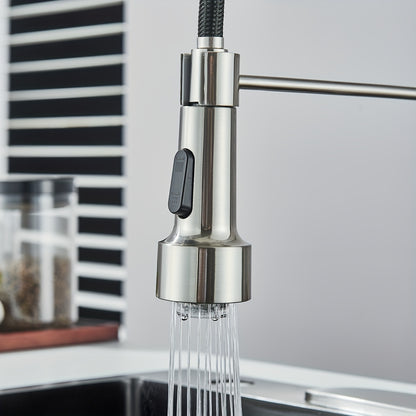 LED Spring Kitchen Faucet with Pull-Down Sprayer – 360° Rotation, Single Handle High Arc, Hot & Cold Mixer, Deck Plate Included, Brushed Nickel / Matte Black / Brushed Gold