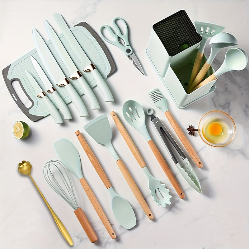 20pcs Kitchen Cooking Utensils and Knife Set with Knife Block, Including 11pcs Silicone Cooking Utensil Set, 5 Sharp Stainless Steel Chef Knives, Scissors, Whisk, Petal Spoon, and Cutting Board