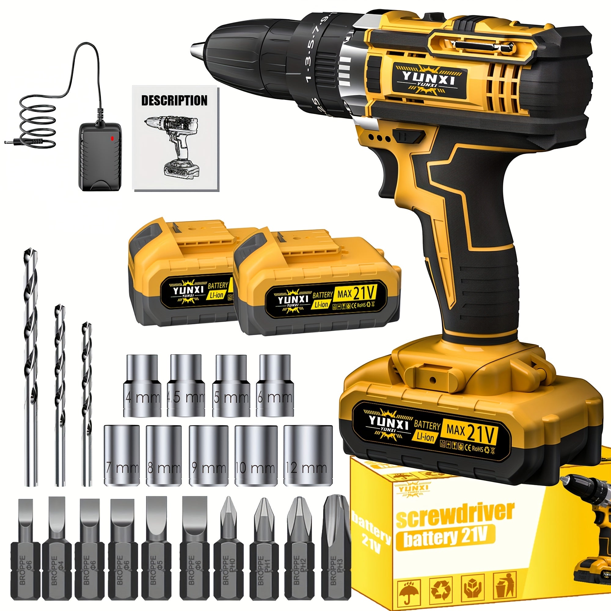 21V Cordless Drill Electric Screwdriver – Lithium Impact Drill Kit with Multifunctional Pistol Grip, Rechargeable Power Tool for Home & DIY