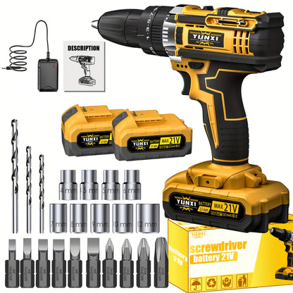 21V Cordless Drill Electric Screwdriver – Lithium Impact Drill Kit with Multifunctional Pistol Grip, Rechargeable Power Tool for Home & DIY