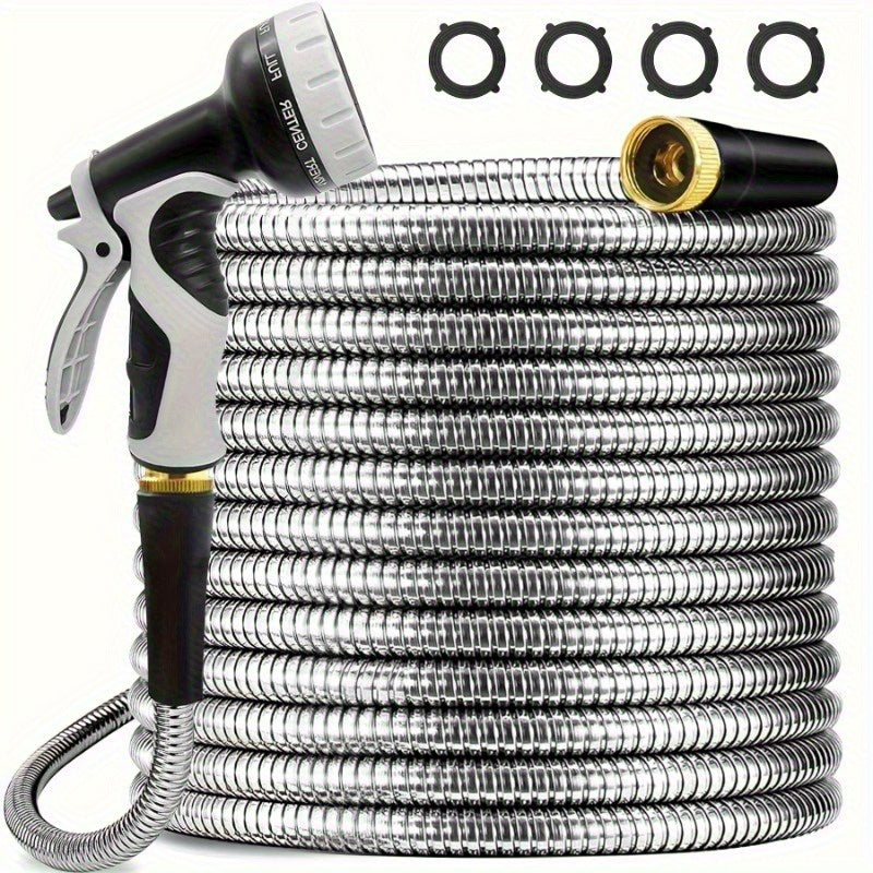 Stainless Steel Garden Hose 50ft/100ft Heavy Duty Kink-Free with 10-in-1 Nozzle – 304 Stainless Steel Flexible Puncture-Resistant Anti-Rust Hose, 3/4" PVC Inner Layer, All-Season Outdoor Use Canada