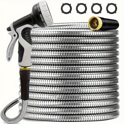 Stainless Steel Garden Hose 50ft/100ft Heavy Duty Kink-Free with 10-in-1 Nozzle – 304 Stainless Steel Flexible Puncture-Resistant Anti-Rust Hose, 3/4" PVC Inner Layer, All-Season Outdoor Use Canada