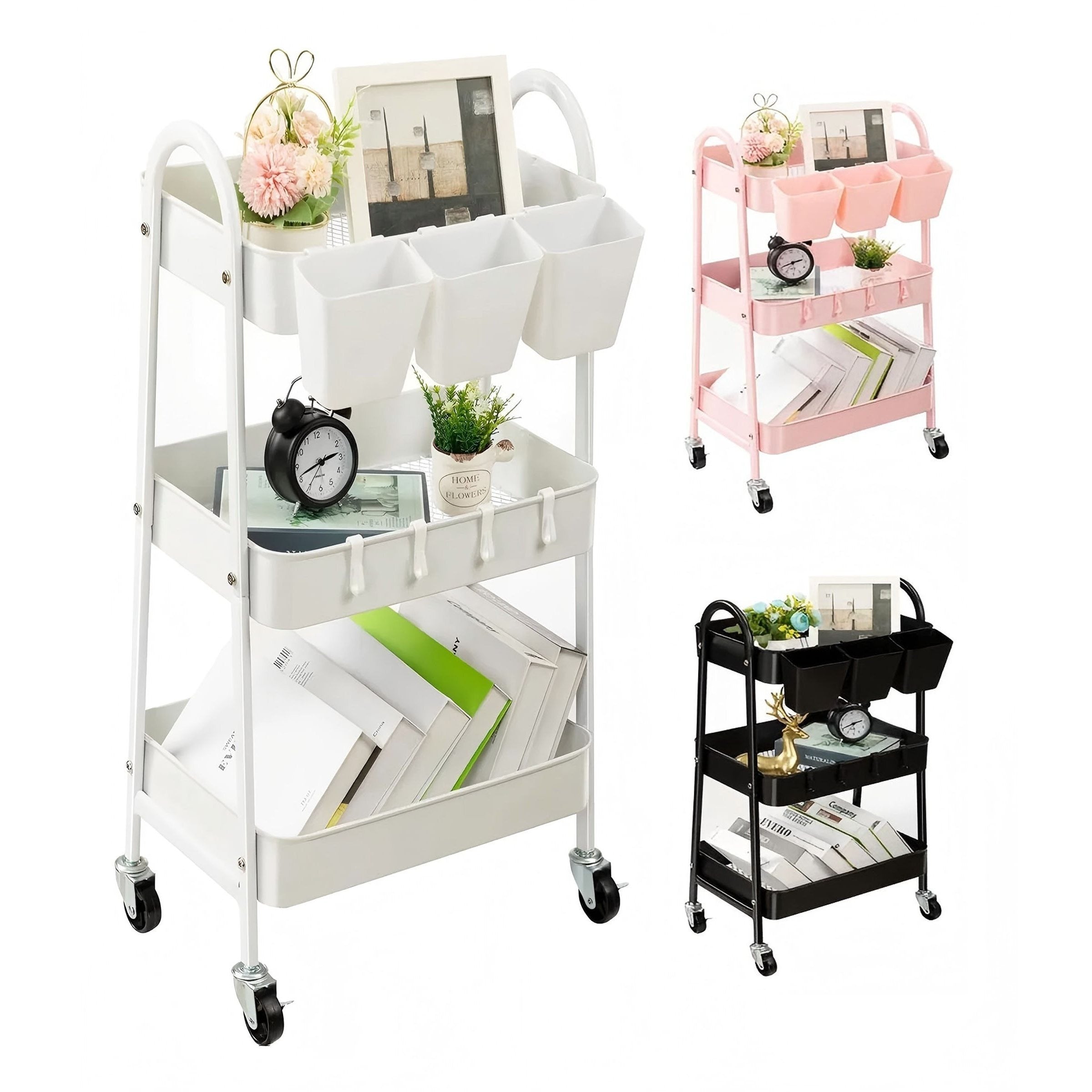 3-Tier Rolling Storage Cart with Lockable Wheels - Metal Mesh Utility Cart 15kg Per Shelf, 360 Degree Casters, Hanging Baskets and Hooks, for Kitchen Bathroom Garage Classroom Craft Canada