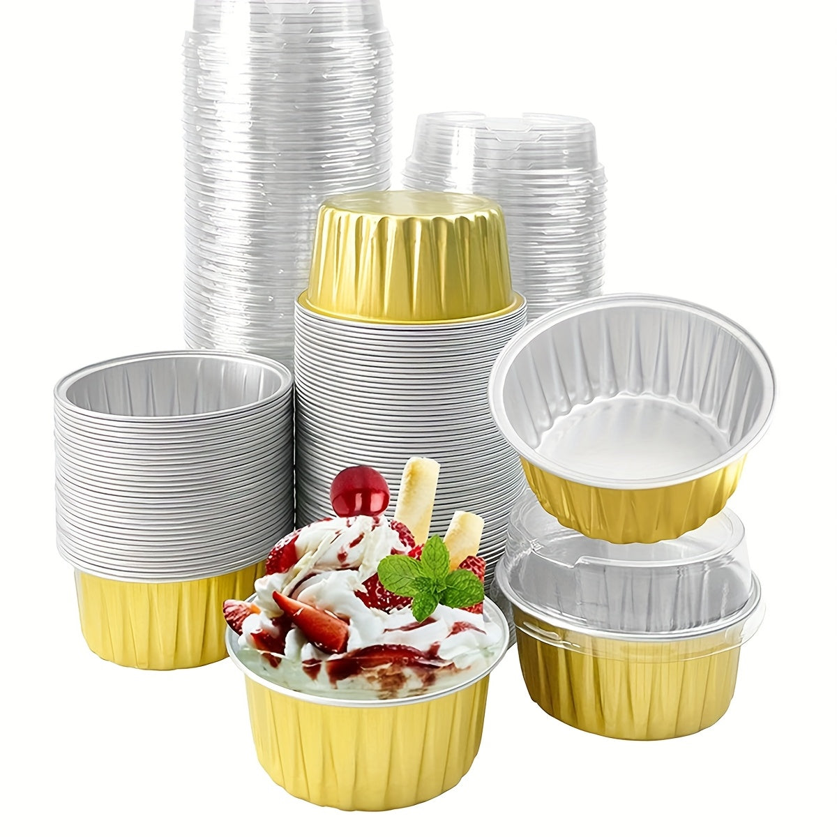 100-Pack Aluminum Foil Baking Cups with Lids 50 Boxes + 50 Lids Heat-Resistant Cupcake Molds for Weddings Birthday Parties Desserts Pudding Cream Cake