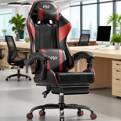 6-Point Support Gaming Chair with Pocket Springs and Adjustable Lumbar Headrest - 135 Degree Recline Faux Leather Office Gaming Seat Footrest Linkage Armrest 300 lb Canada