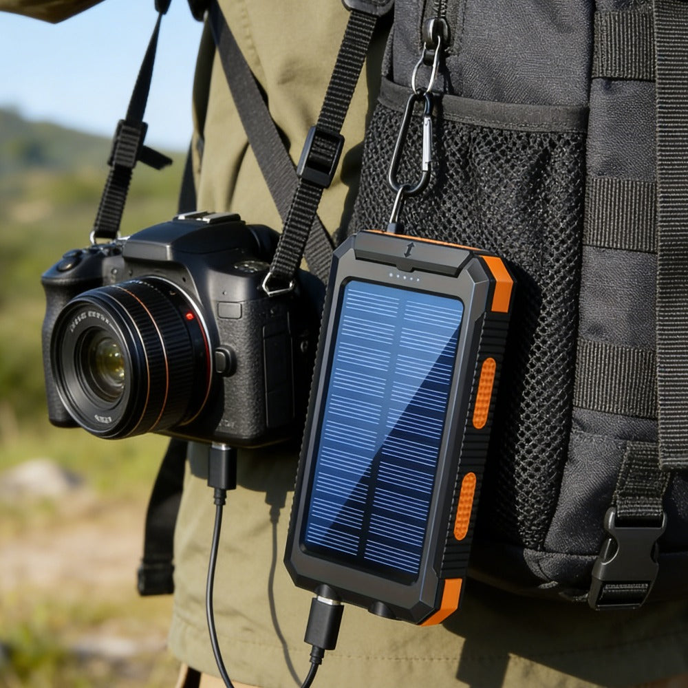 20000mAh Portable Solar Power Bank, Portable Solar Mobile Phone Charger, Camping External Battery Charger for Mobile Phones, 2 USB/ LED Flashlights with Compass for Outdoor Activities