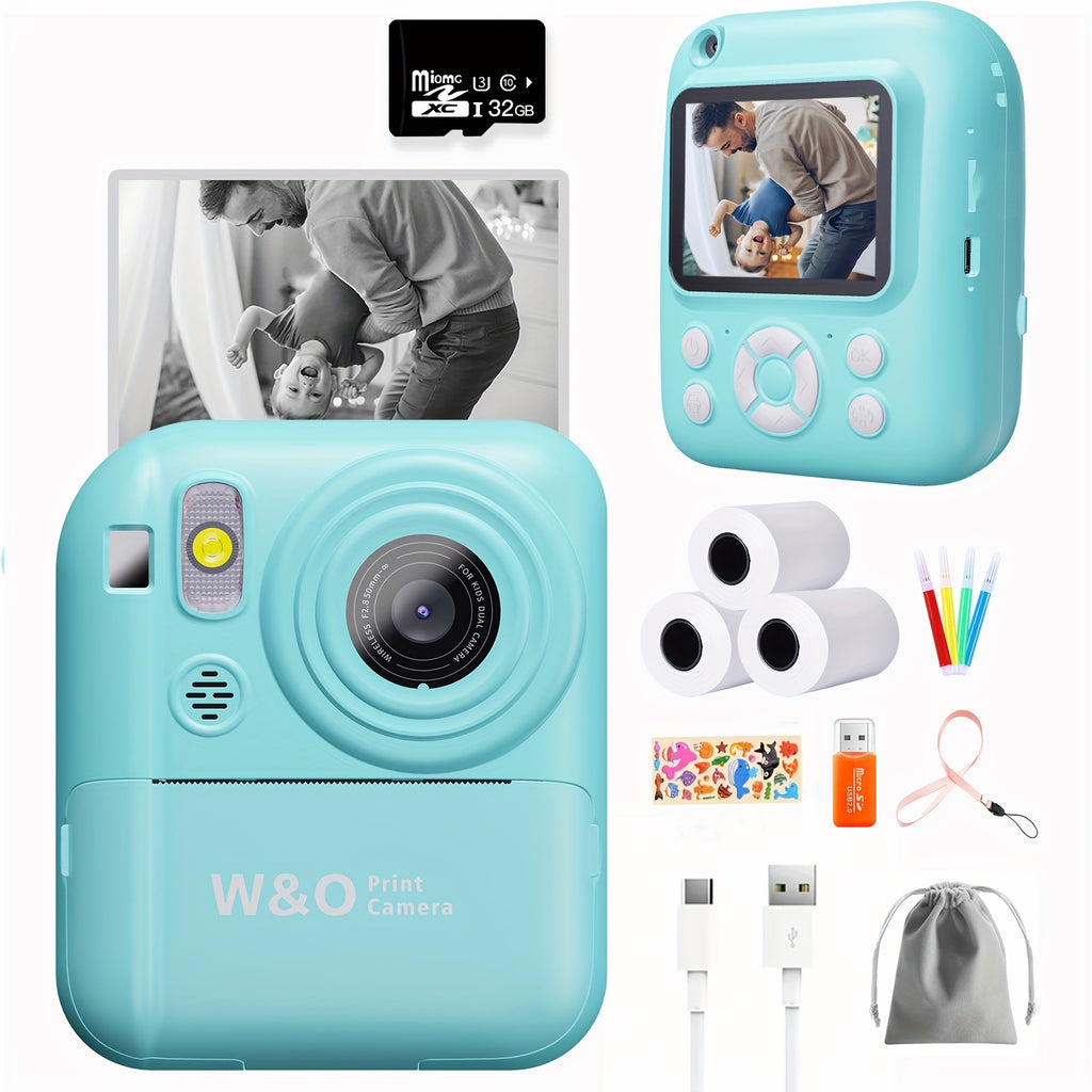 Pink/Blue New Instant Print Camera, 1080P 2.4 Inch Screen Instant Camera With 3 Rolls Print Paper & 32GB Card, Rechargeable Battery, Type-C Port, Birthday And Christmas Gifts