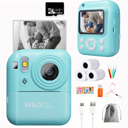 Instant Print Camera 1080P HD – 2.4" Screen, 3 Rolls Print Paper & 32GB SD Card Included, Rechargeable Battery, Type-C Charging, Pink & Blue – Birthday & Christmas Gift for Teens & Adults
