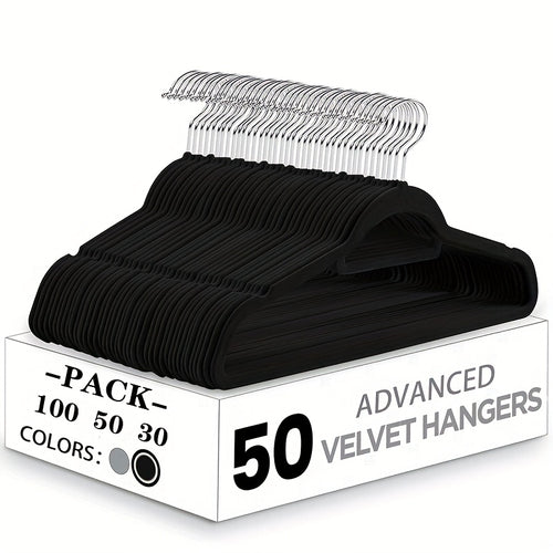 Premium Velvet Hangers Non-Slip Notched Design – Space-Saving Sturdy Coat Hangers for Closet Organization, Suits, Pants & Coats, 30 / 50 / 100 Pack, Black or Grey