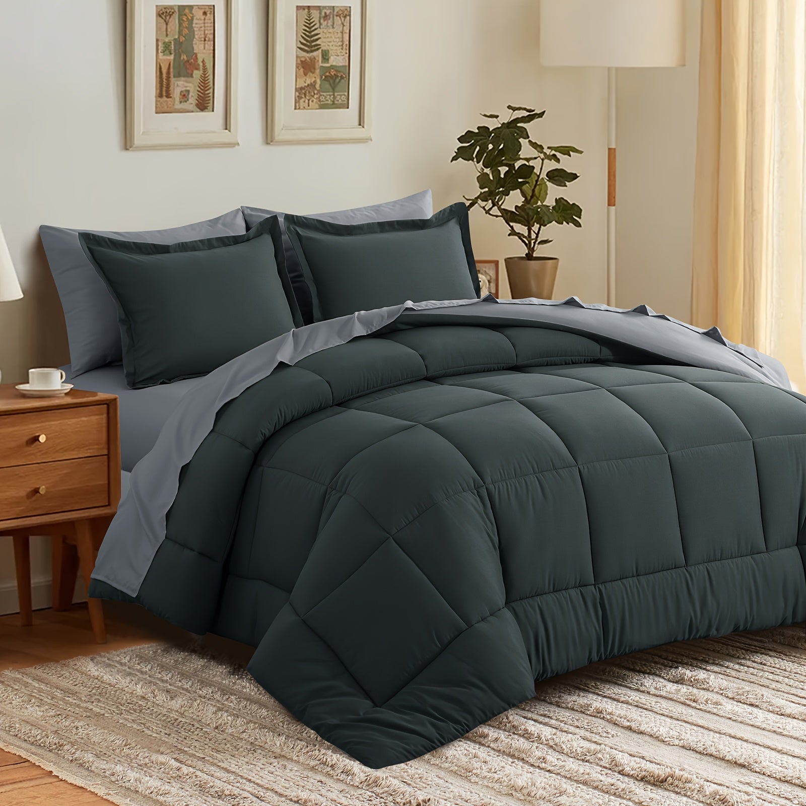 7pcs Reversible Bedding Set Soft Microfiber – Lightweight Breathable Comforter Flat Sheet Fitted Sheet & Pillowcases, All-Season Family Bedding Gift Set