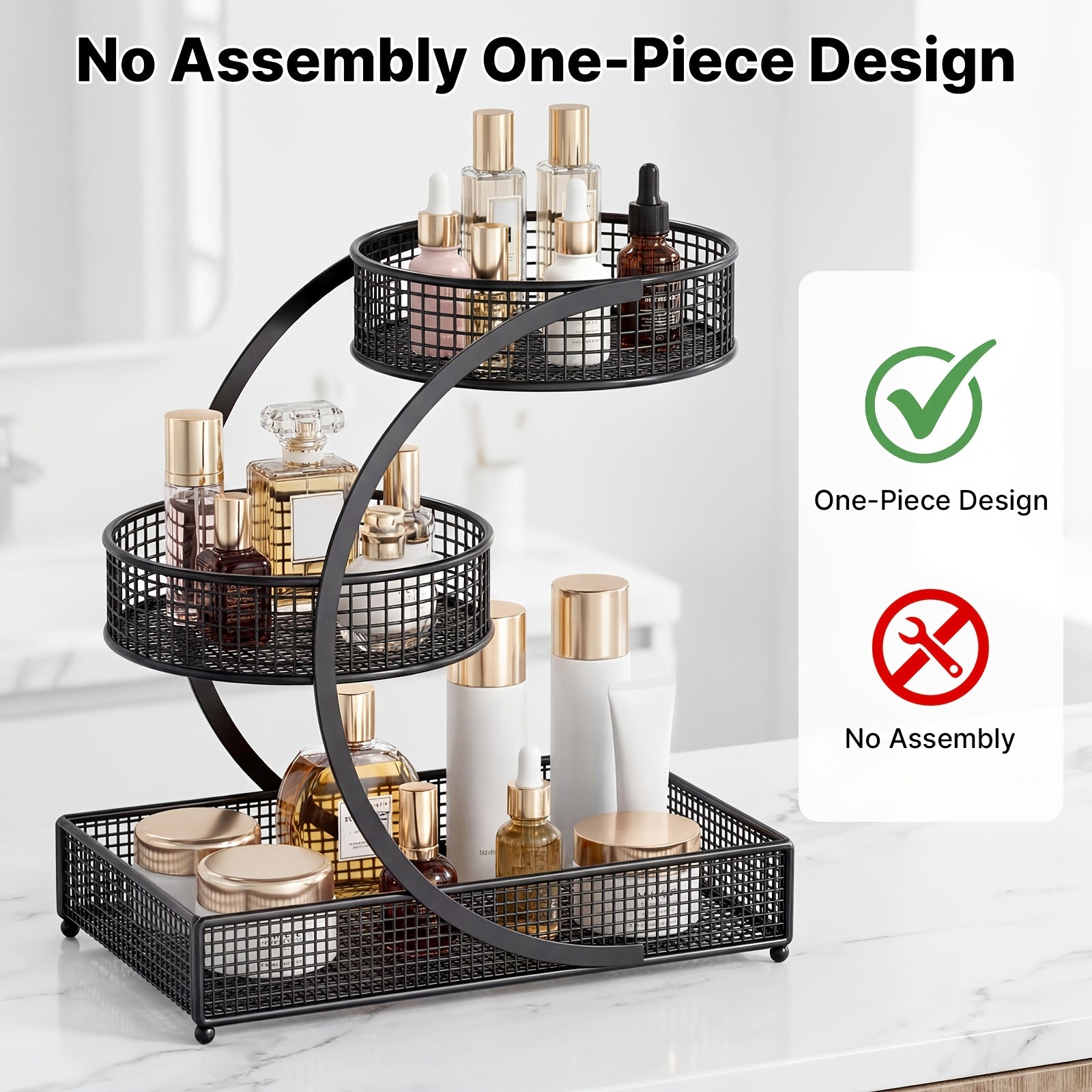 3-Tier Rotating Makeup Shelf - Portable No-Assembly Dressing Table & Bathroom Countertop Storage Rack with Rotating Shelves Suitable for Cosmetics, Skincare, Nail Polish, Lipstick, Perfume - Space-Saving Rotator for