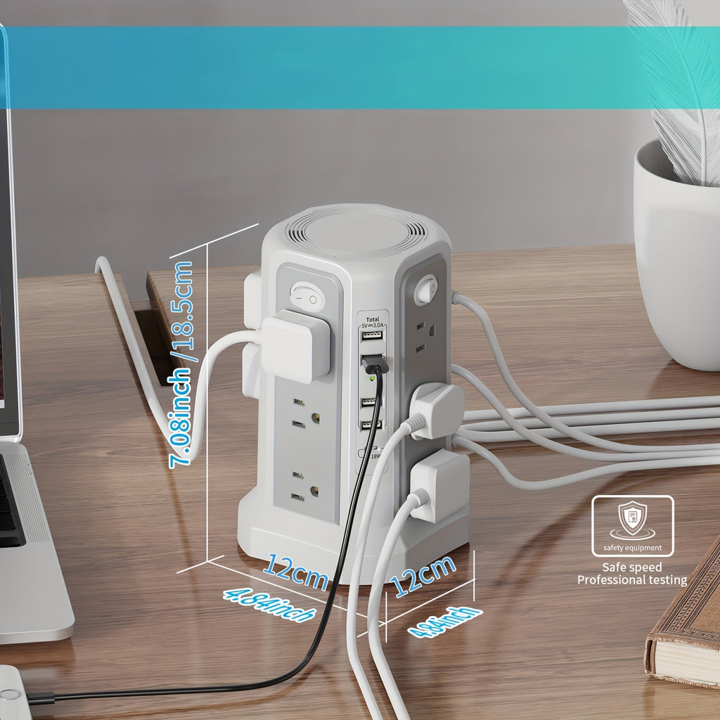 Introducing The Upgraded PASSUS Tower Surge Protector Power Strip with PD18W/20W. It Features a 10.2FT Extension Cord, 12 AC Outlets, And 5 USB Charging Ports, Providing Surge Protection for Your Home, Office, Or Dorm Room