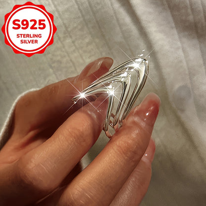 S925 Silver Adjustable Layered Broadband Ring for Women - Open Stackable Statement Ring, Fashionable Everyday & Party Jewelry, Elegant Gift for Her