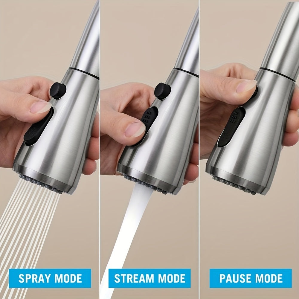 One Kitchen Faucet Featuring a Pull-Down Spray, Single Handle, And High Arc Design Made of Commercial-Grade Stainless Steel with a Brushed Nickel Finish. It Includes a Deck Plate And Is Ideal for Use in Bars, Laundry Rooms, Rvs