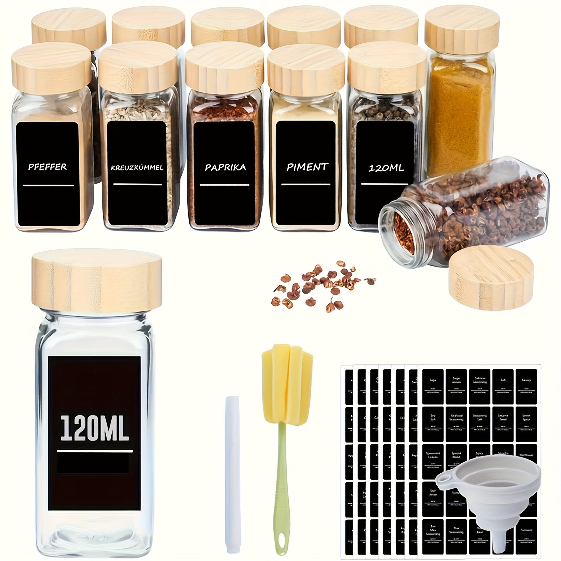 12/24pcs Spice Jars with Labels, Thickened Glass Seasoning Containers with Bamboo Lids, Sealed Seasoning Bottles with Silicone Funnel, Kitchen Supplies And Additions