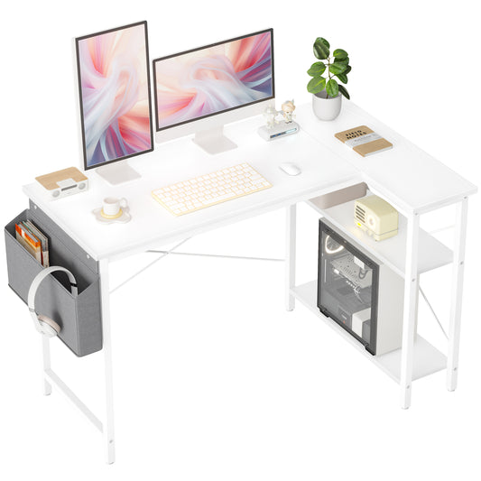 BEXEVUE L Shaped Desk in The Corner, 47 Inch Study Office Gaming Desk, Compact Writing Table, Spacious Reversible Storage Shelves, Workstation for Study, Play, And Work in Bedroom Or Home Office