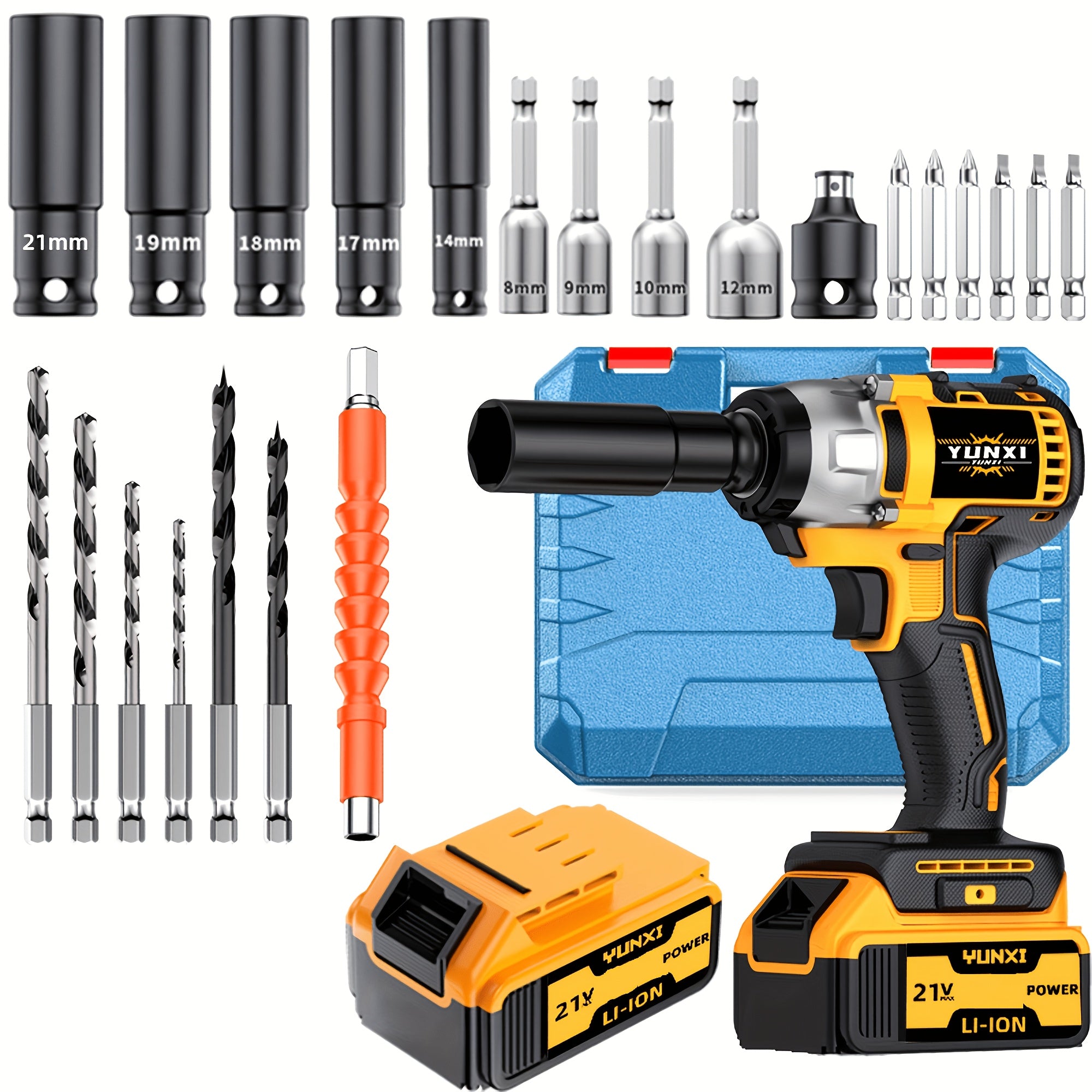 21V Brushless Lithium Cordless Impact Wrench + Drill Kit, Wireless Impact Gun Drill. Optional Toolbox, Charger, Sockets And Complete Accessories. Suitable for Car And Home Use, Ideal Gift for Men, Perfect for Father's Day.