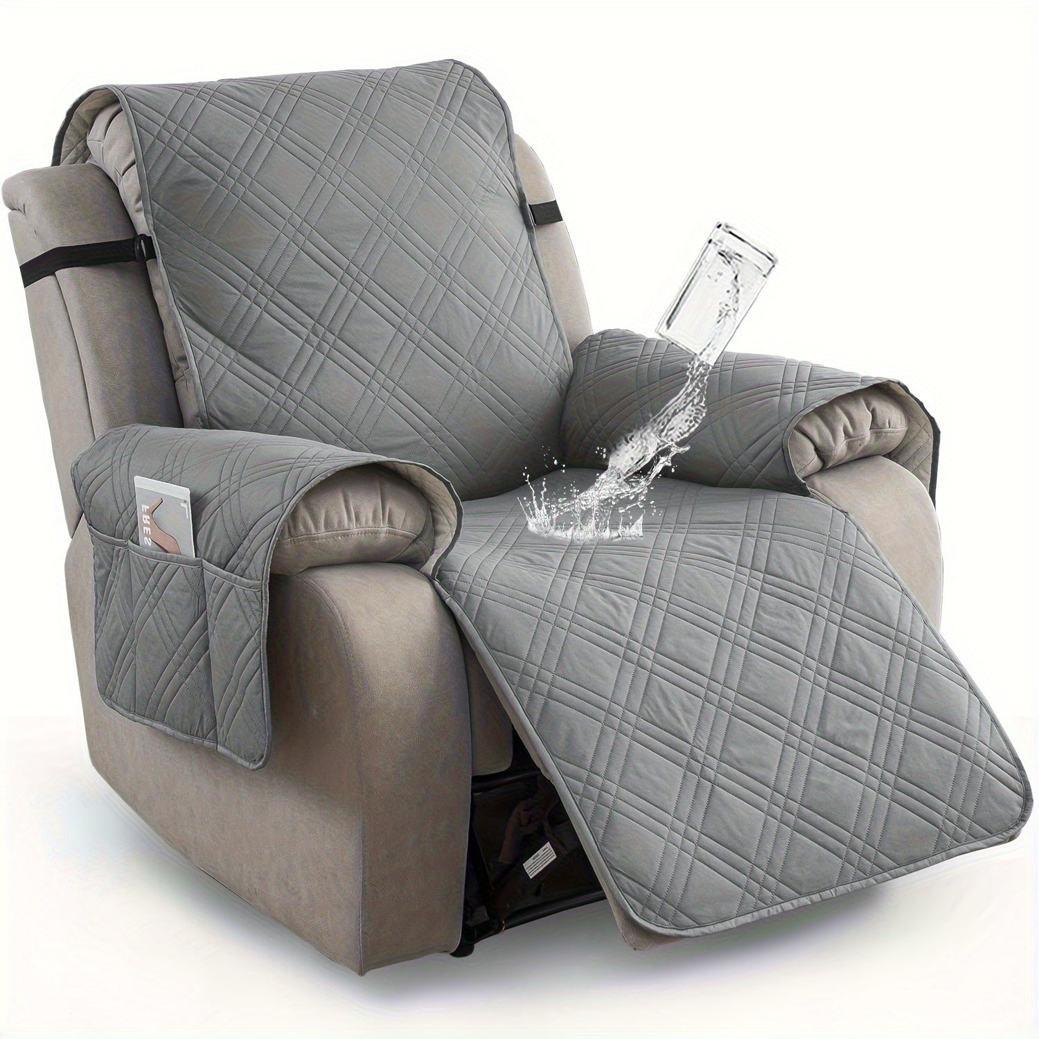 Waterproof Recliner Chair Cover Non-Slip Slipcover with Pocket – 5-Layer Quilted Furniture Protector for Pets, Washable, Easy Install, Elastic Straps – 9 Colours Including Black, Grey & Beige