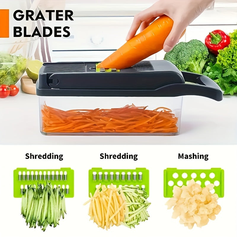 18pcs Vegetable Chopper W/Container, Cheese Grater Hand Crank, Box Mandoline Slicer Food Cutter Shredder Mandolin for Veggie Onion Salad Fruit Potato (Kitchen Gadget & Essential)