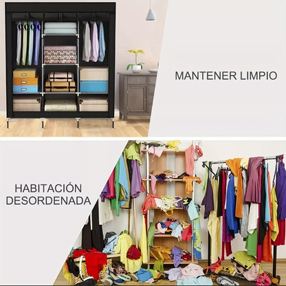 Non-Woven Fabric Wardrobe Closet with 6 Shelves, 2 Hanging Sections & 4 Side Pockets – Dustproof Portable Clothes Organizer 170x128x45CM / 148x56x44CM for Bedroom