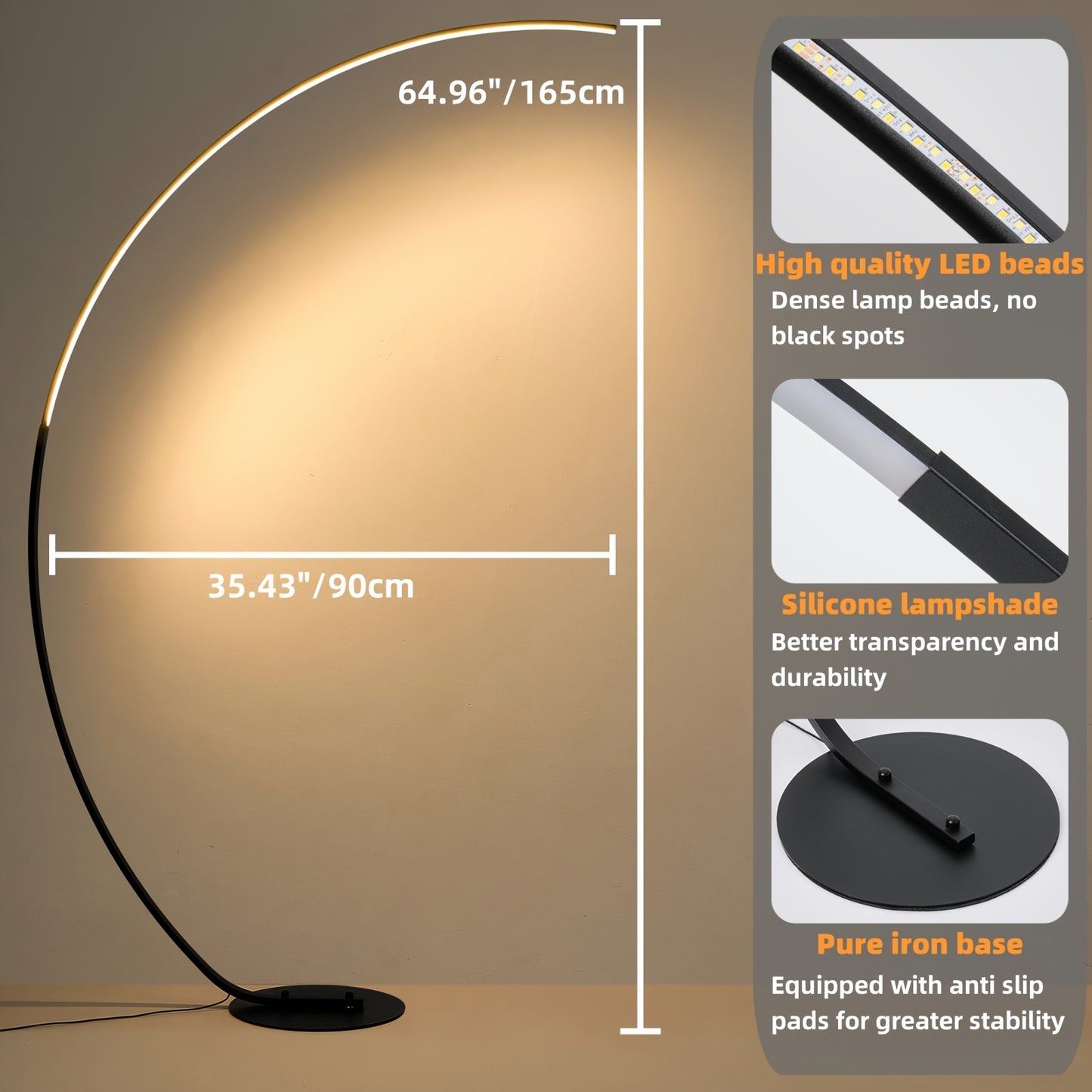 Arched Floor Lamp 65" with Remote – Dimmable LED Colour Changing Standing Reading Lamp, Curved Black Ambient Light for Bedroom & Living Room