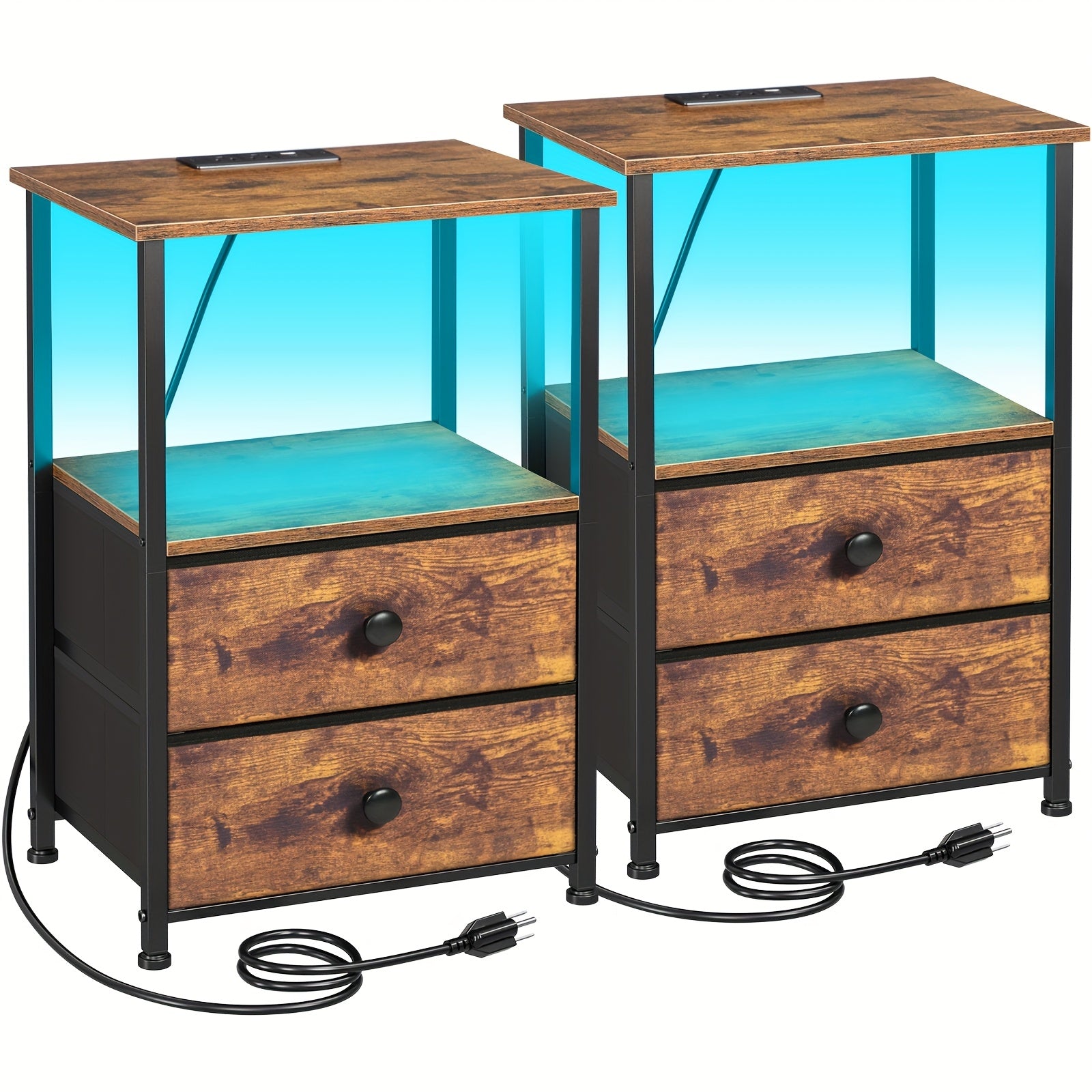 AMHANCIBLE 1/2pcs Bedside Table with Charging Station, End Table, with 2 Drawers, Small Bedroom Side Table, 4 Layers Storage Bedside Table, Suitable for Bedroom, Living Room. Black, Brown