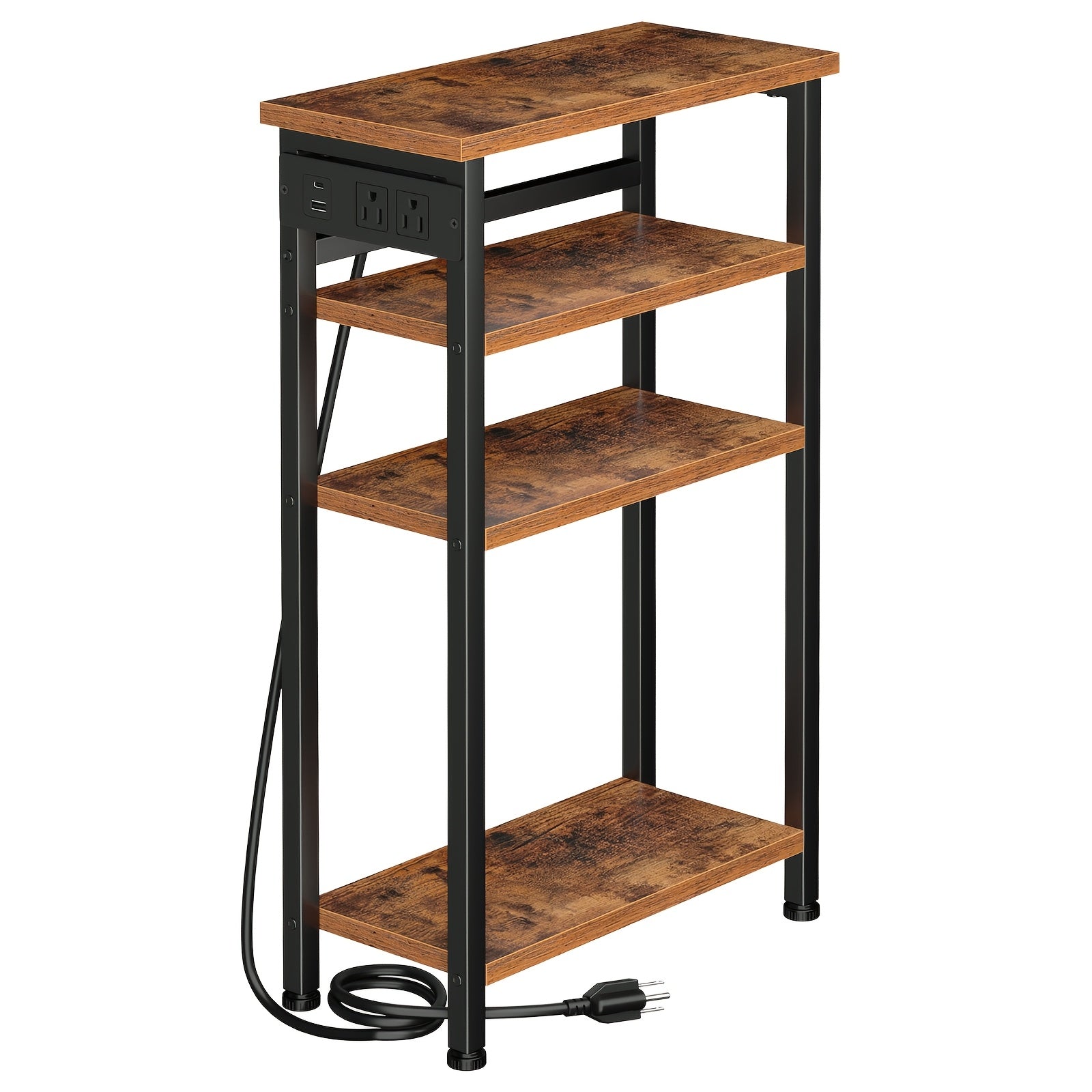 Narrow Side Table with Charging Station – 3 or 4 Tier, 2 USB + 2 Outlets, Small Space
