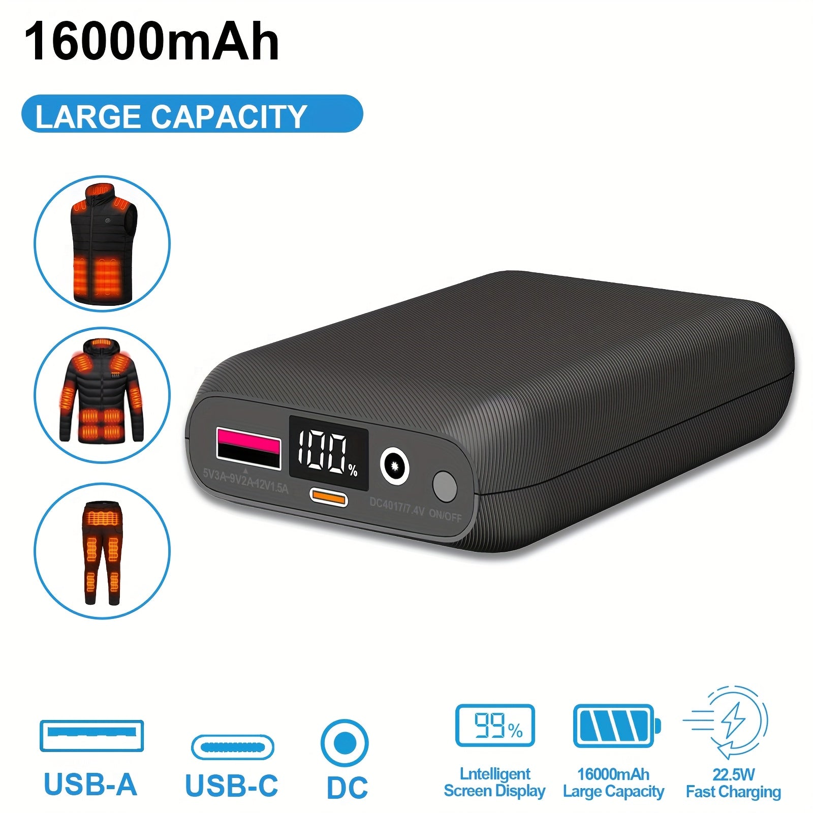 16000mAh Battery Pack For Heated Vest- 22.5W Fast Charging Power Bank With LED Display And DC7.4V Output For Heated Jacket, Hoodie And Pants, Compatible With IPhone 16/15/14/13/12/11 Pro/Pro Max, IPad, Samsung, Tablet And More.