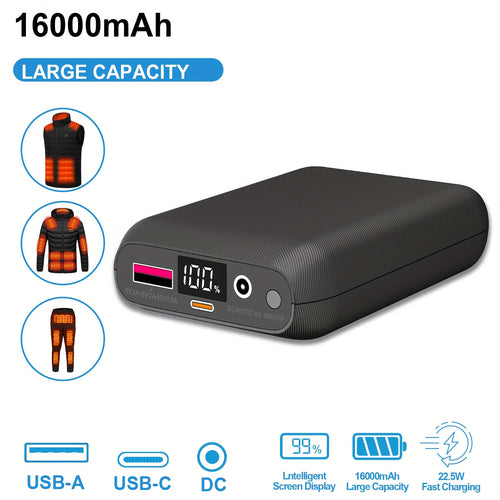 16000mAh Battery Pack for Heated Vest & Jacket, DC 7.4V Output, 22.5W Fast Charging Power Bank with LED Display – Compatible with iPhone 16/15/14/13/12/11, iPad, Samsung & Tablets