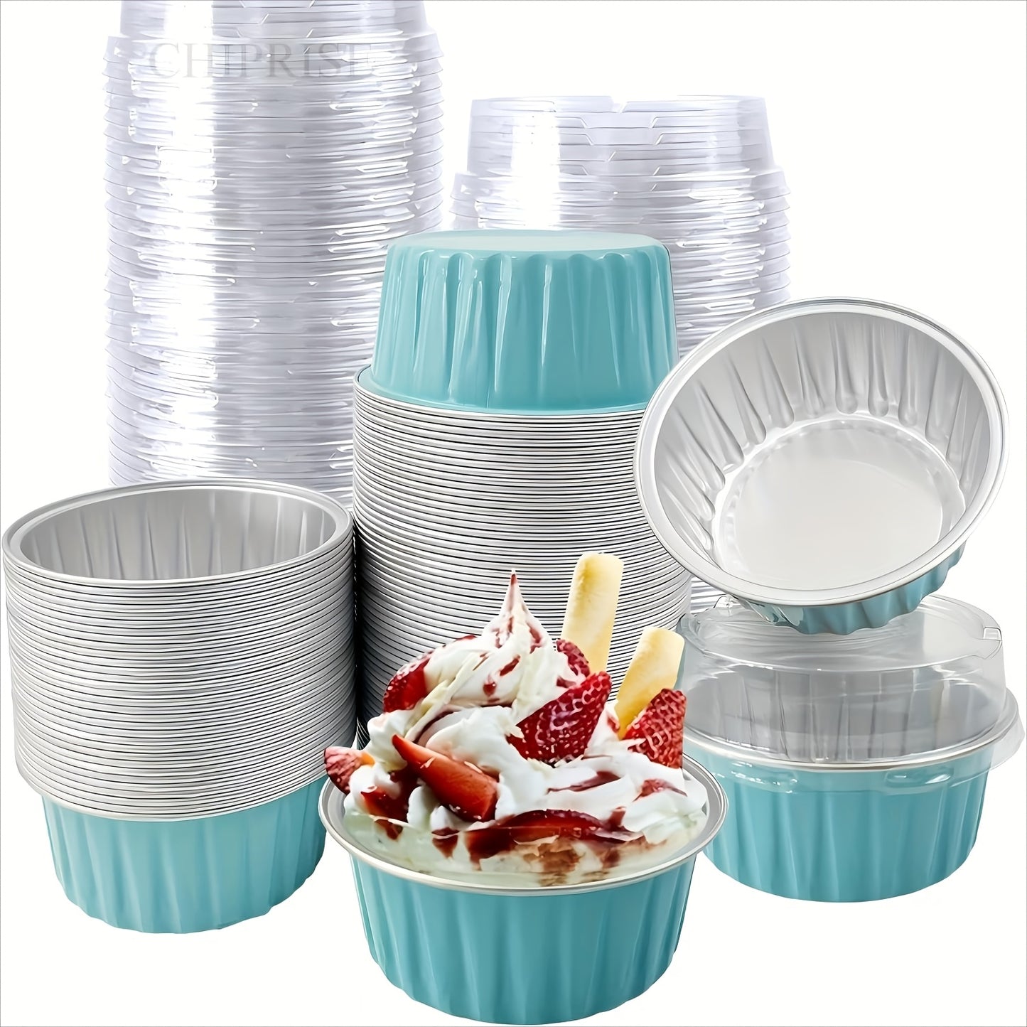 100-Pack Aluminum Foil Baking Cups with Lids 50 Boxes + 50 Lids Heat-Resistant Cupcake Molds for Weddings Birthday Parties Desserts Pudding Cream Cake
