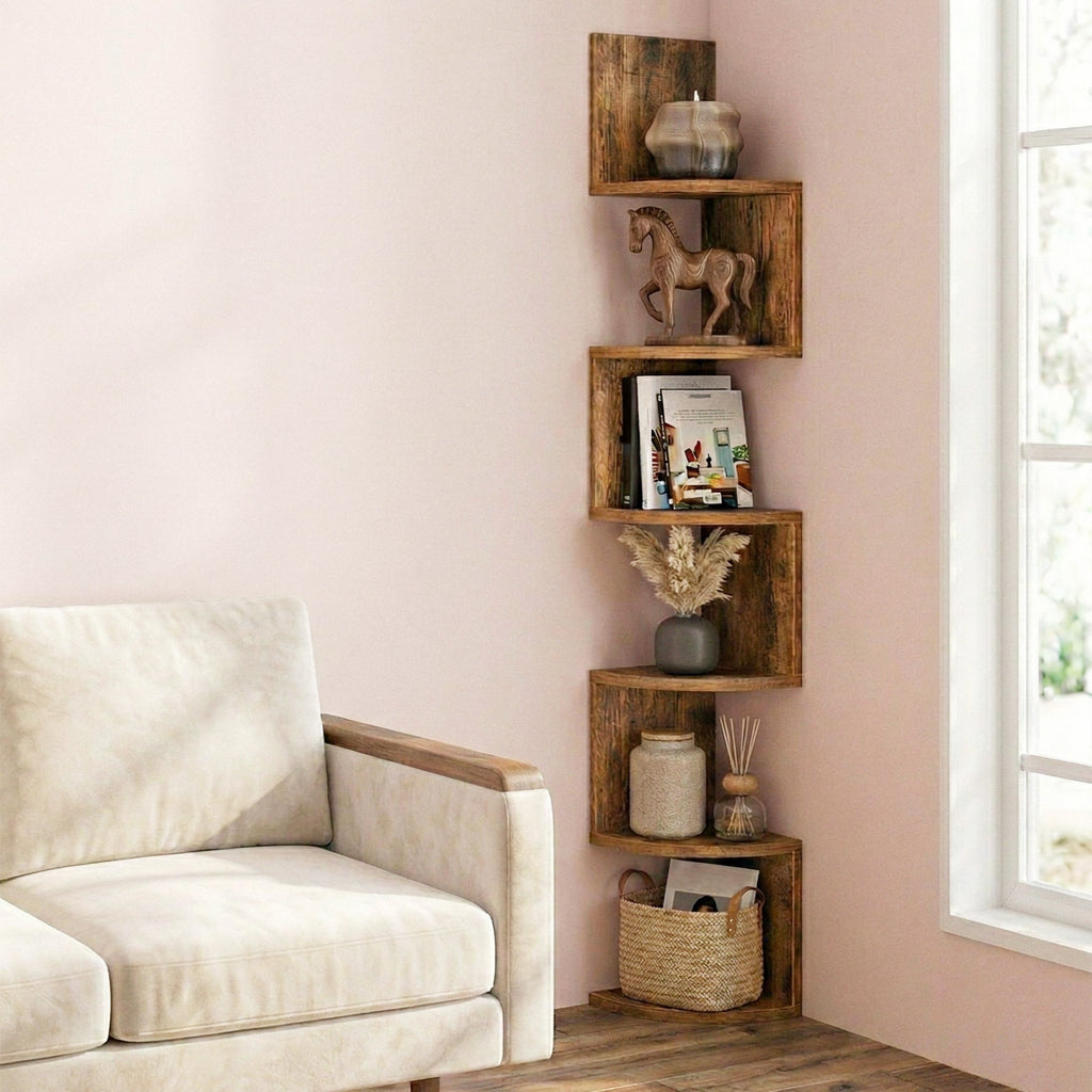 Corner Shelf, 5-Tier Floating Wall Shelf with Zigzag Design, Bookshelf, Rustic Brown
