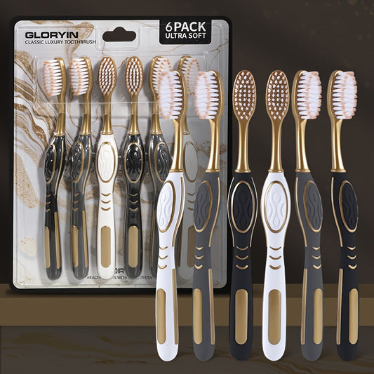GLORYIN [6Pcss Travel Set] [6Pcss Travel Set X 2] White Platinum Series Olive-Shaped Anti-Slip Handle Travel Essential Household, Adult, Couple, Soft Bristle Toothbrush