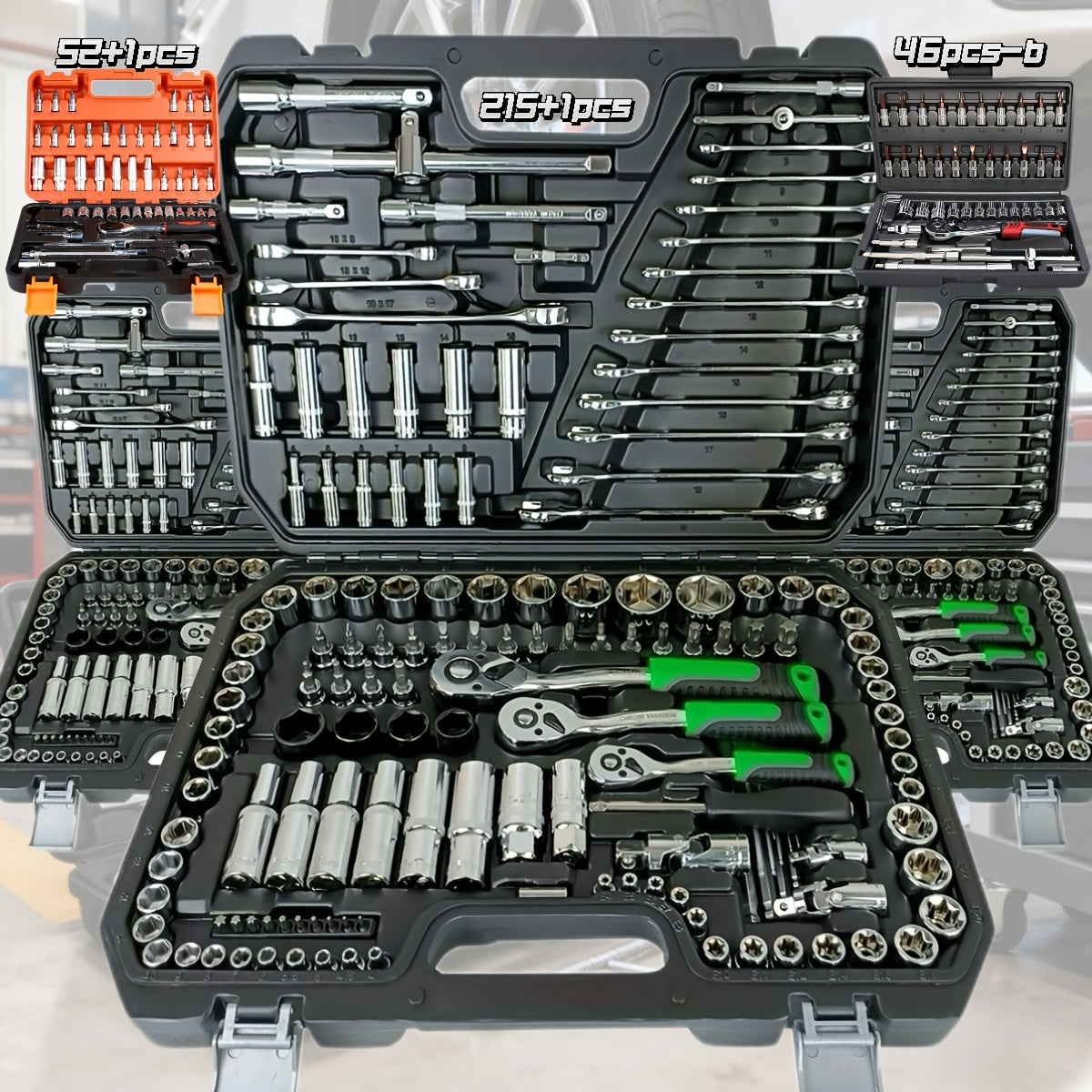 46/52+1/215+1pc Car Repair Tool Set, Ratchet Wrench, Metric Socket Screwdriver Bits, Including A Set Of Mechanical Tools, Extension Rod,  Joint, Slide Rod, SAE And Metric Sockets, Suitable for Vehicle, Industrial Equipment Maintenance