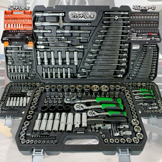46/52+1/215+1pc Car Repair Tool Set, Ratchet Wrench, Metric Socket Screwdriver Bits, Including A Set Of Mechanical Tools, Extension Rod,  Joint, Slide Rod, SAE And Metric Sockets, Suitable for Vehicle, Industrial Equipment Maintenance