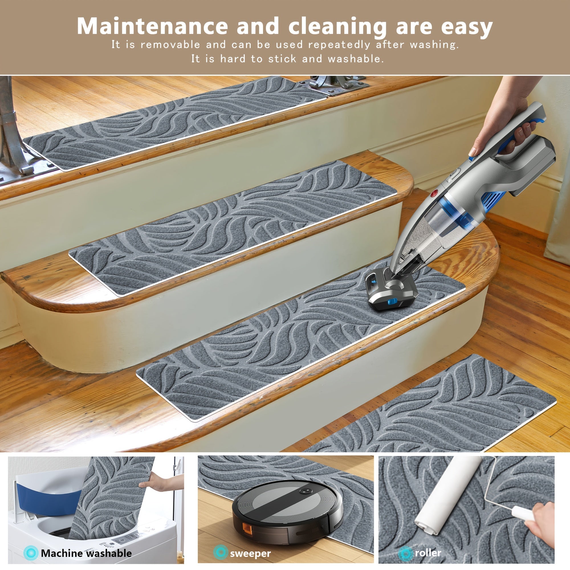 Stair Treads for Wooden Steps 15pcs 8"x30" Non-Slip Grey Pads with Self-Adhesive Backing, Peel And Stick Stair Treads, Premium Quality Polyester Washable Pads for Enhanced Indoor Stairs Safety