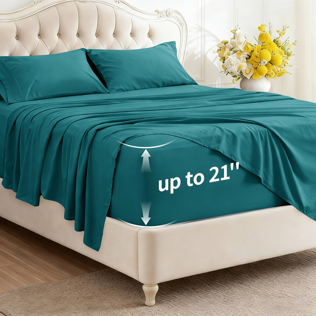 Silver Infused Bamboo Sheets, Luxury 3/4pcs Cooling Sheets, Ultra Soft Bed Set, Deep 17" Pockets, Durable Double Stitching, Soft, Wrinkle Free & Comfy, Easily Fits Extra Deep Mattresses, Pillowcases, Flat Sheet And Fitted Sheet