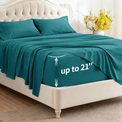 Silver Infused Bamboo Sheet Set 3/4pcs – Ultra-Soft Cooling Bed Sheets with 17" Deep Pockets, Antibacterial Wrinkle-Free Viscose Bedding for Hot Sleepers, Fitted Sheet, Flat Sheet & Pillowcases, Twin Full Queen King, 7 Colours