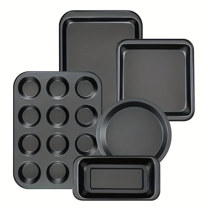 Nonstick Bakeware Set 5pcs – Round & Square Cake Pan, Muffin Pan, Loaf Pan, Roasting Pan & Baking Sheet for Oven, Complete Kitchen Baking Supplies