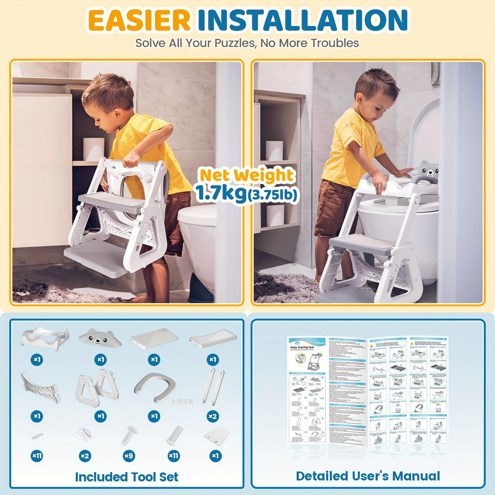 2-IN-1 Potty Training Toilet Seat with Step Stool for Toddler, Stability Training Potty Seat for Kids Boys Girls with Splash Guard And Anti-Slip Pad, Adjustable Ladder & Potty Seat Height, Grey