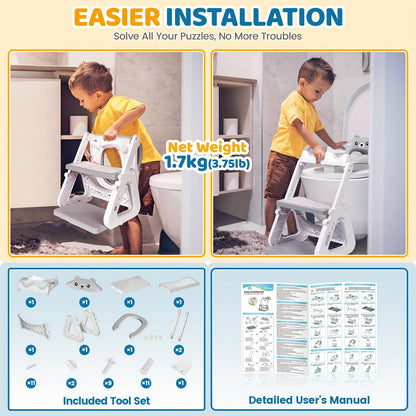 Stability Potty Training Toilet Seat with Step Stool 2-in-1 for Toddlers Boys & Girls – Adjustable Ladder & Seat Height, Splash Guard, Anti-Slip Pad, Grey – Safe & Sturdy Kids Toilet Trainer