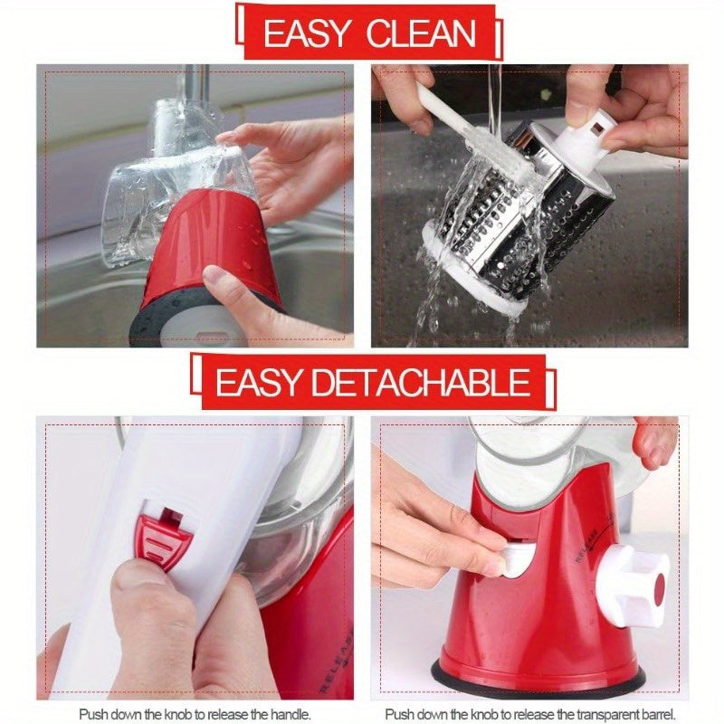 Rotary Cheese Planer Hand Crank Cheese Shredder Fresh Cheese, Vegetables, Nuts, Non-slip Suction Base, Free Cleaning Brush Three Blades, Red