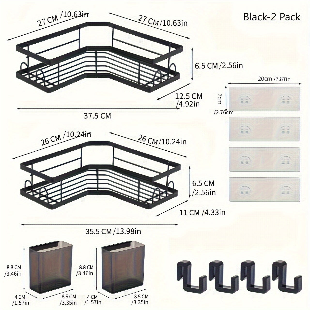 Corner Shower Caddy 2 Pack Adhesive No Drilling – Stainless Steel Shower Corner Shelf Organizer with Hooks & Toothpaste Holder for Bathroom, Kitchen & Dorm Storage